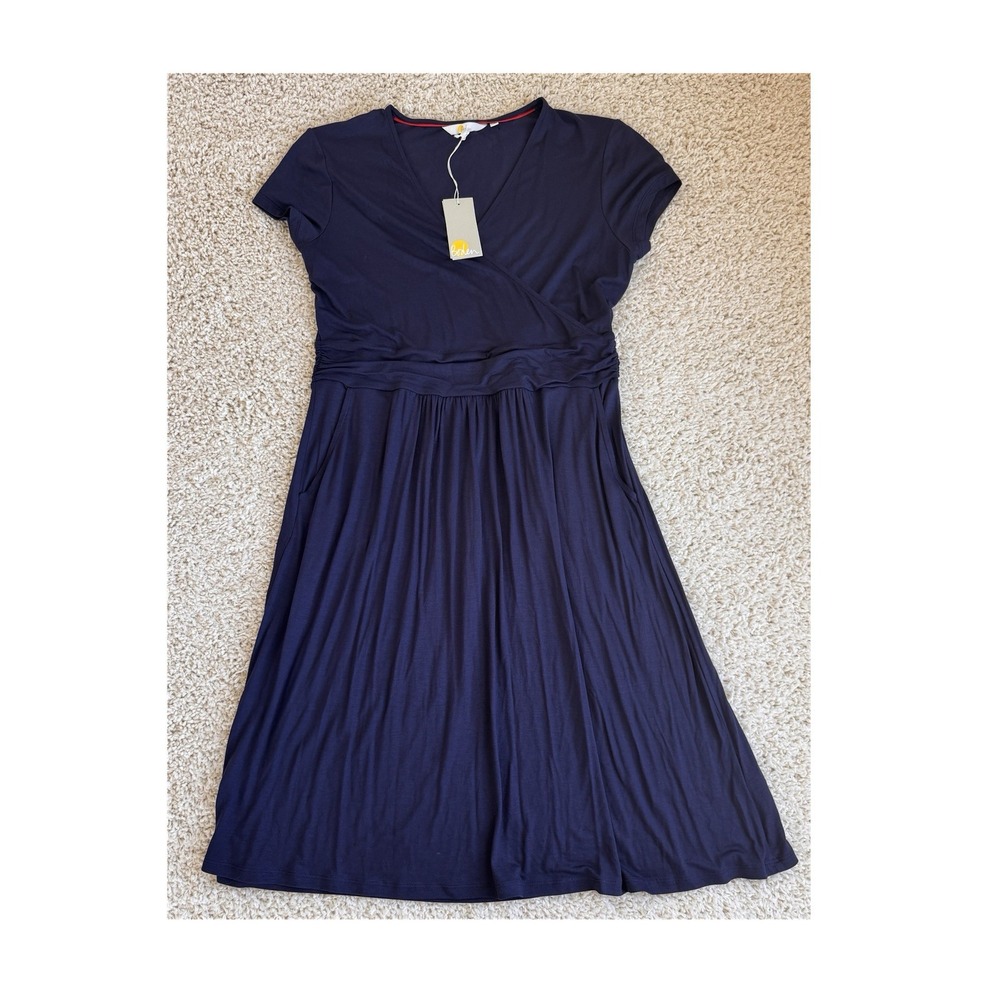 Boden Jersey Wrap Dress Women Size 10R Navy Blue NWT Short Sleeve Pocket Midi